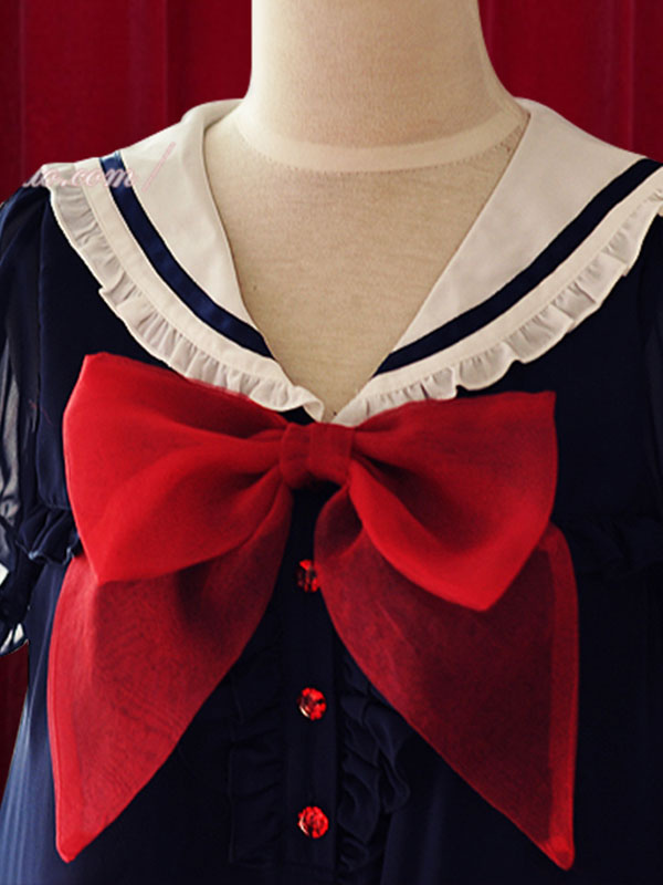 ロリィタワンピース シフォン レトロ 折り襟 パーティー リボン 半袖