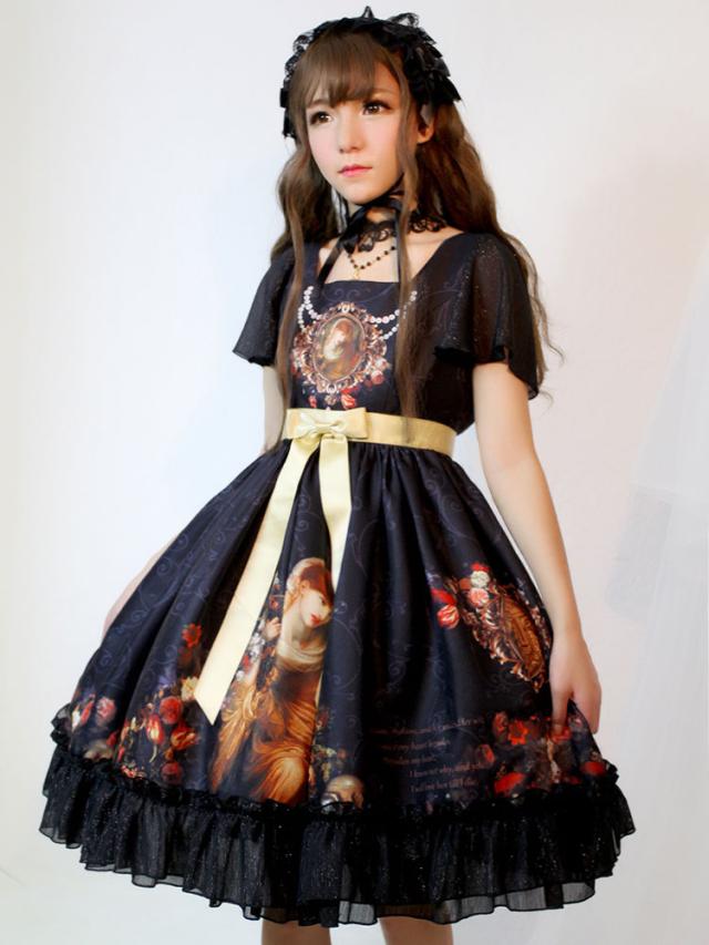 ロリィタファッション　袖ありのワンピース　ブラック　スウィート　スクエアネック　半袖　シフォン　カジュアル　リボン　プリント柄 ロリィタファッション 袖ありのワンピース ブラック スウィート