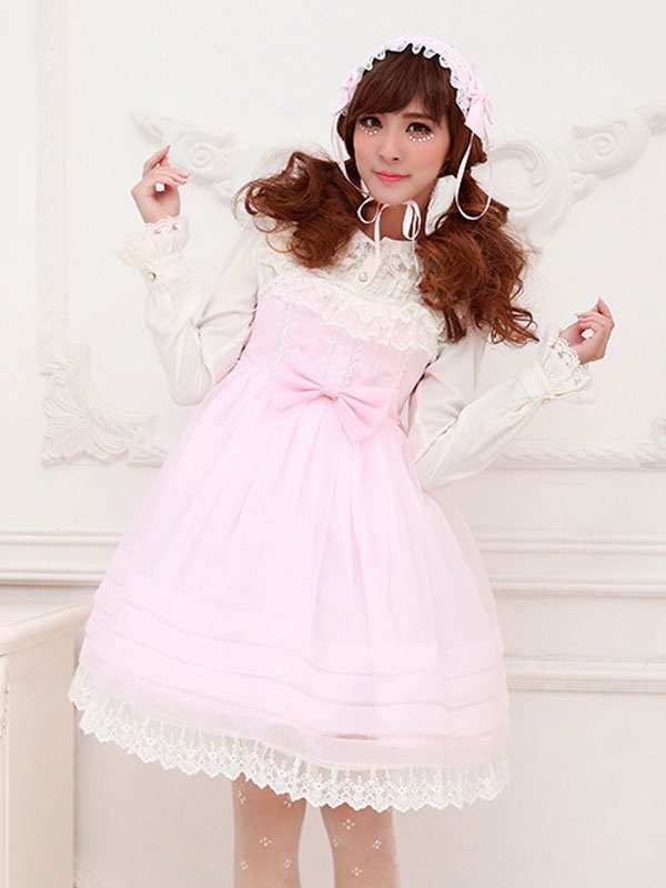 ロリィタファッション　袖ありのワンピース　スウィート　ノースリーブ　シフォン　お茶会　スクエアネック　リボン柄　の通販は 6,946円
