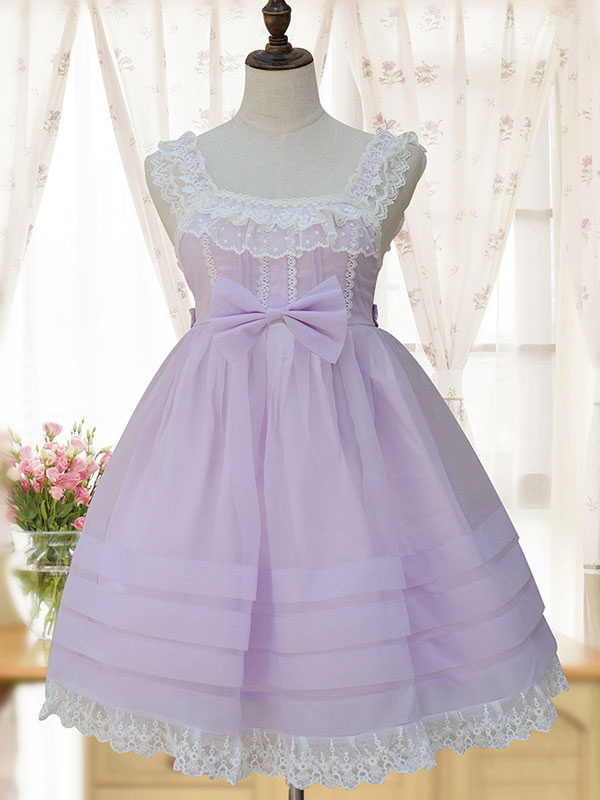 ロリィタファッション　袖ありのワンピース　スウィート　ノースリーブ　シフォン　お茶会　スクエアネック　リボン柄 ロリィタファッション 袖ありのワンピース スウィート ノースリーブ