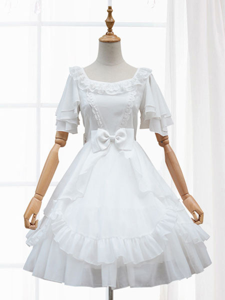 ロリィタファッション　袖ありのワンピース　無地　シフォン　スウィート　五分袖　スタンドカラー　お茶会 ロリィタファッション 袖ありのワンピース 無地 シフォン