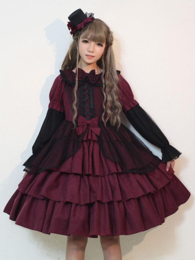 ワンピース　ロリィタファッション　袖あり　ゴシック　ラウンドネック　長袖　ポリエステル　お茶会　2カラーブロック　の通販は