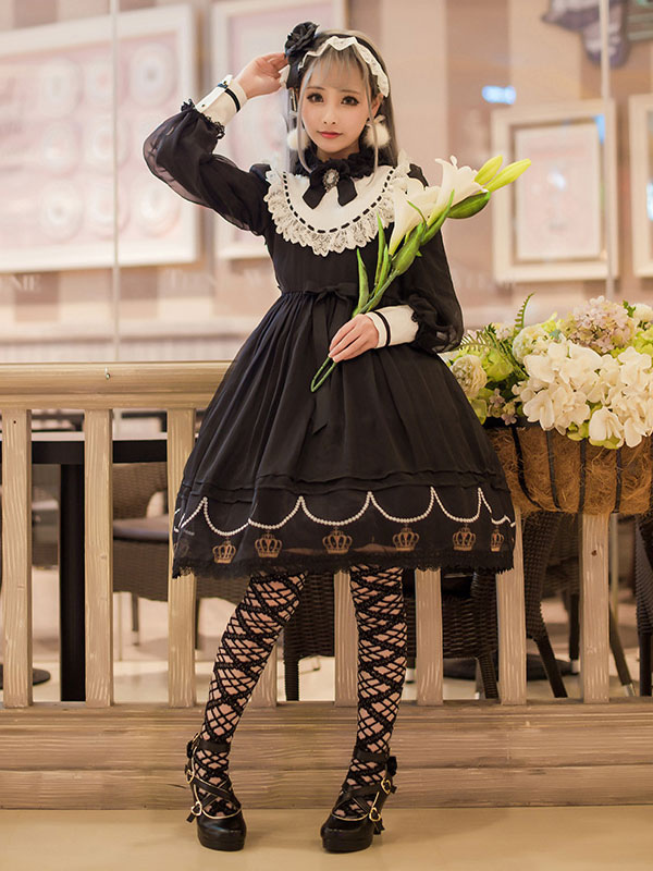 ロリィタファッション　袖ありのワンピース　ブラック　ポリエステル　スウィート　2カラーブロック　スタンドカラー　長袖 ロリィタファッション 袖ありのワンピース ブラック ポリエステル