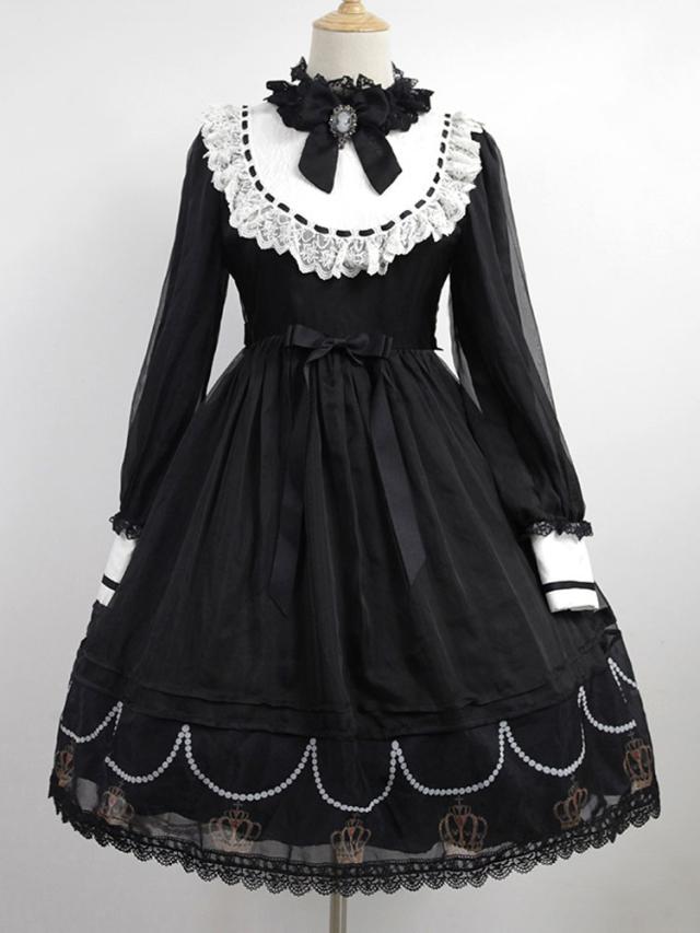 ロリィタファッション 袖ありのワンピース ブラック ポリエステル