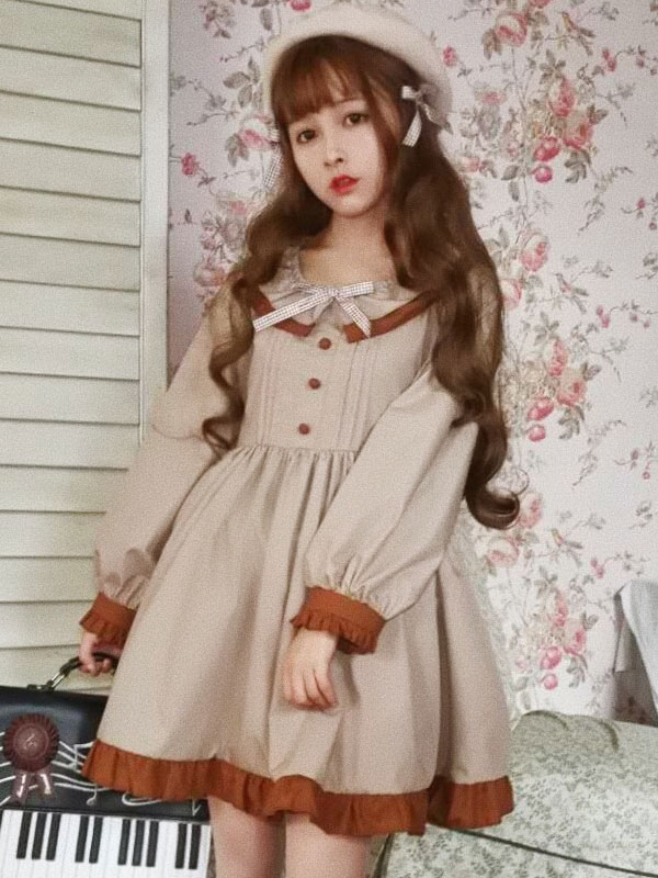 クラシックロリータOPワンピースドレス　2021　カーキ　スクープネック　ツートン　リボンロリータドレス　ロングスリーブ　アイドル