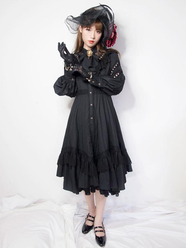 クラシックロリータOPドレスレースフリルイリュージョンプリーツコットンブラックロリータワンピースドレス