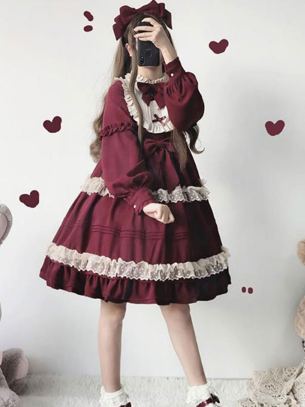 古典的なロリータOPドレスフリルボウレースロリータワンピースドレスの