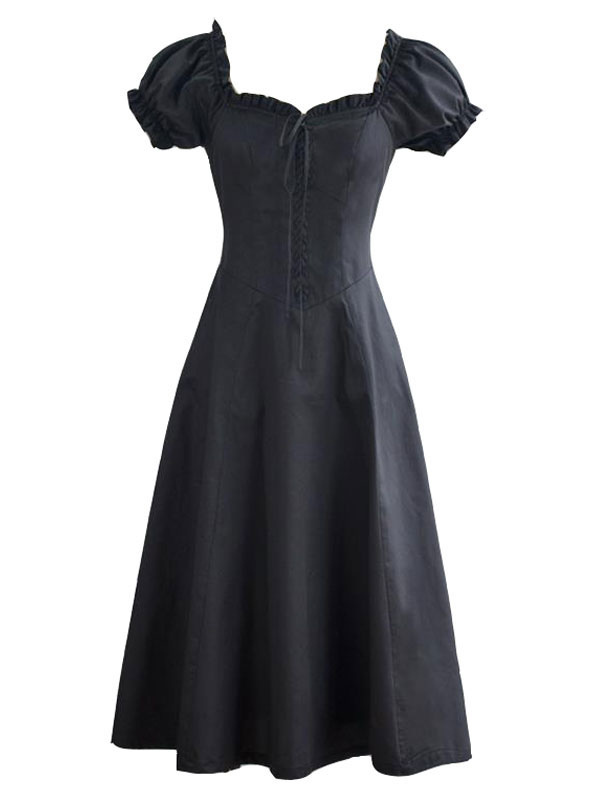 クラシックロリータドレスOPパフスリーブレースアップフリルロリータワンピースドレス クラシックロリータドレスOPパフスリーブレースアップフリルロリータ