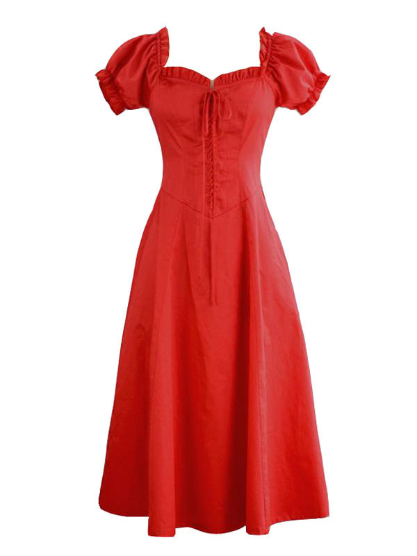 クラシックロリータドレスOPパフスリーブレースアップフリルロリータ