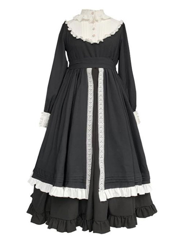 クラシックロリータOPドレスフリルレースボタンブラックフリルロリータワンピースドレス