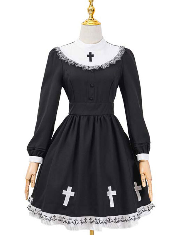ゴシックロリータドレスOPブラッククロス尼僧ロングスリーブロリータワンピースドレスハロウィーン