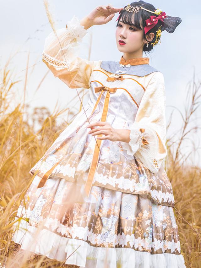 中国風のロリータOPドレスクロスリリースケルトンプリントチーロリータワンピースドレスの通販は