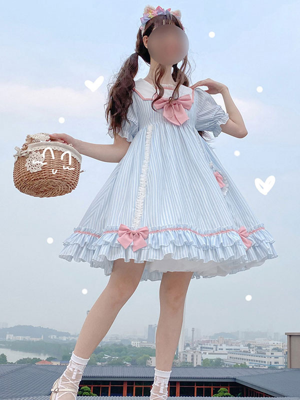 ピコネ　ペット服 水色ストライプドレスとリボン ピコネ ペット服 水色ストライプドレスとリボン
