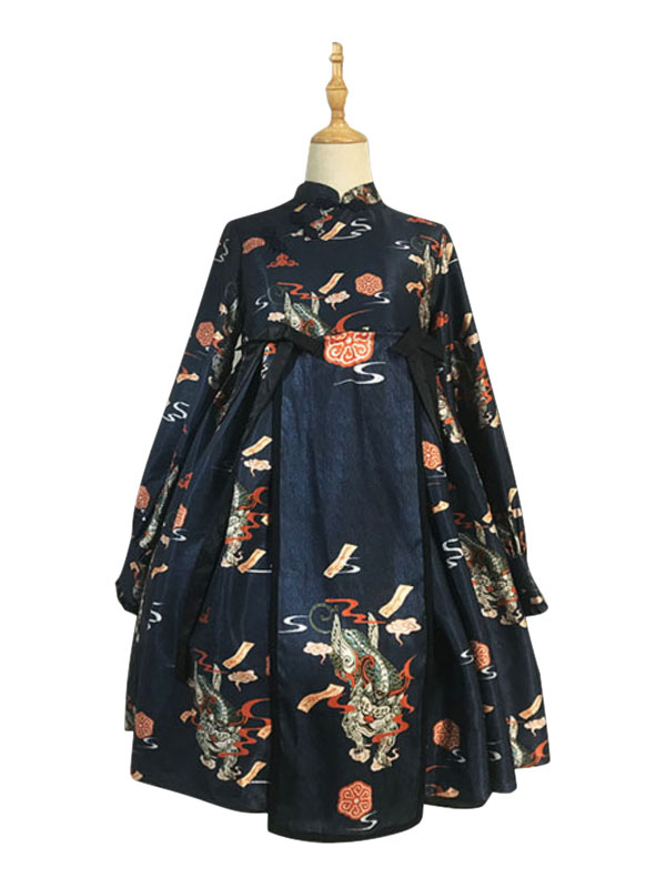 甘いロリータOPドレスネバーランドドレープボウディープパープルフローラルプリント長袖ポリエステルロリータワンピースドレス 甘いロリータOPドレスネバーランドドレープボウディープパープル