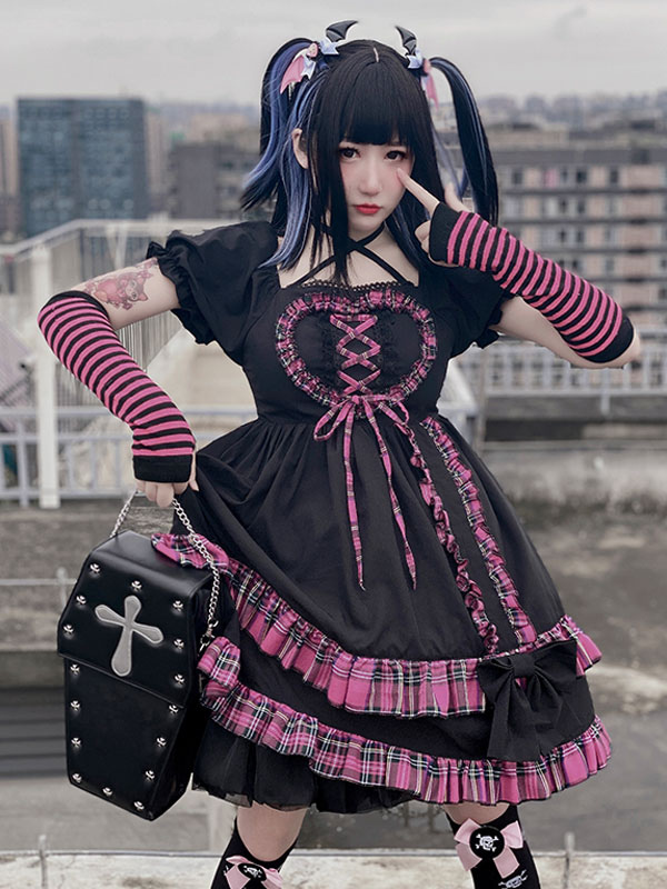 パンクゴシック原宿ブラックロリータOPワンピースチェック柄ブラックノースリーブポリエステルロリータワンピースワンピースの通販は