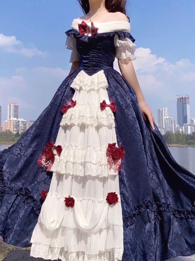 カスタマイズされた甘いロリータOPドレス白雪姫花柄半袖ネバーランド