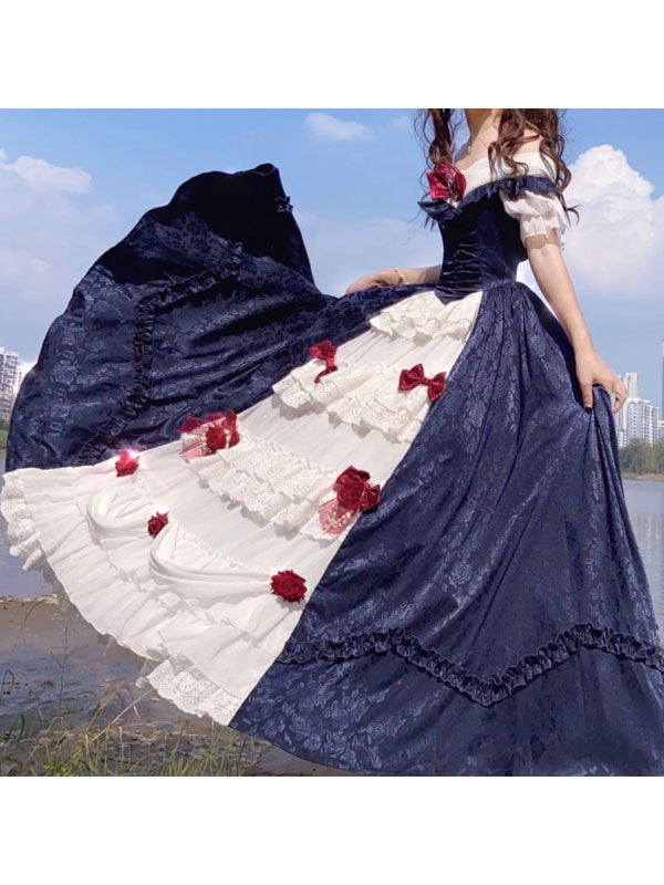 カスタマイズされた甘いロリータOPドレス白雪姫花柄半袖ネバーランドボウフリルホワイトティーパーティーロリータワンピースドレス カスタマイズされた甘いロリータOPドレス白雪姫花柄半袖ネバーランド