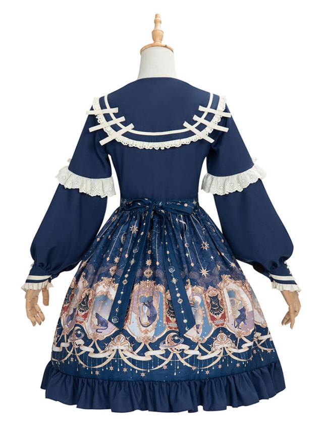 甘いロリータOPドレスネイビーブルーメタルディテールボウノットポリエステルロリータワンピースドレスロリータジャンプスカート 甘いロリータOPドレスネイビーブルーメタルディテールボウノット