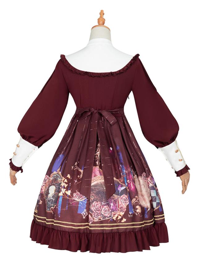 アカデミックロリータOPドレス4ピースセットブルゴーニュグロメット