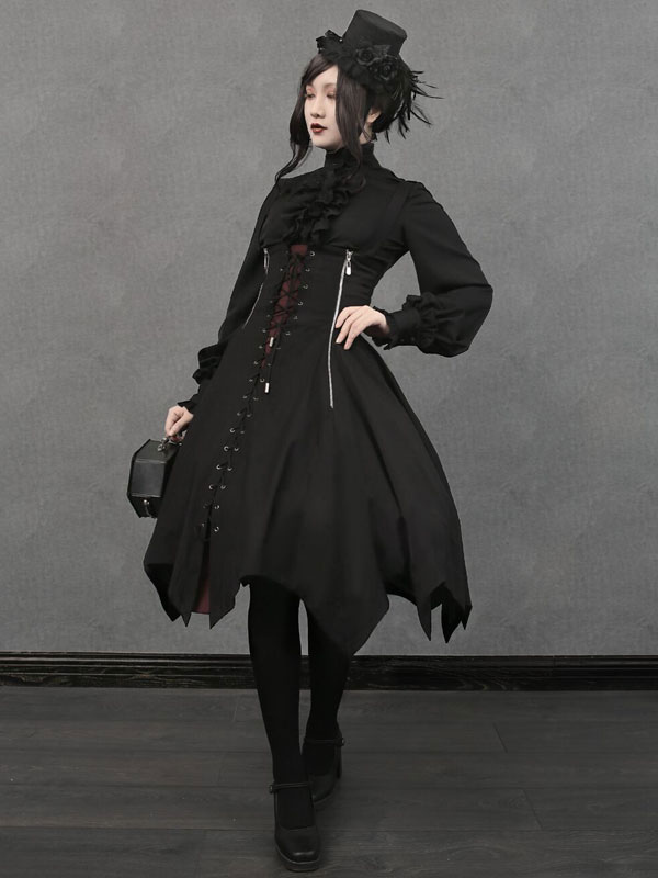 ゴシックロリータJSKドレスブラックレースアップロリータジャンパー