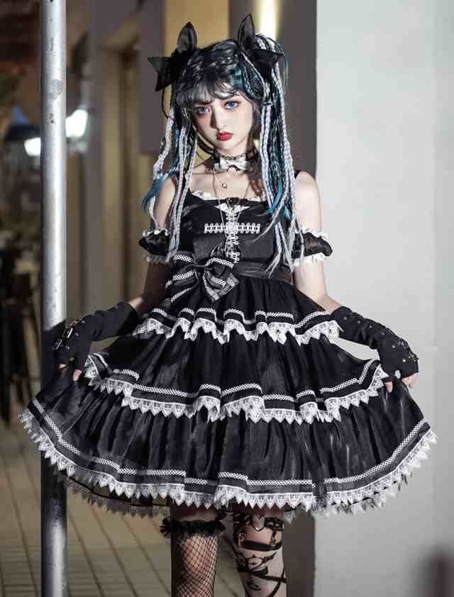 ゴシックロリータジャンパースカート　グレーブラック　十字架　暗い系　アイドル　演出服　袖カバー付き　撮影　クラシカルロリ｜au PAY マーケット