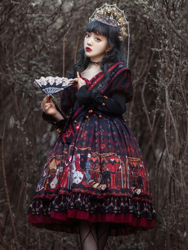 ゴシックロリータOPドレスクイーンオブハーツ長袖ポリエステルダーク