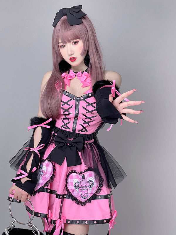 PUTUMAYO Black x Pink Punk Lolita Buckle Skirt Japan Vintage