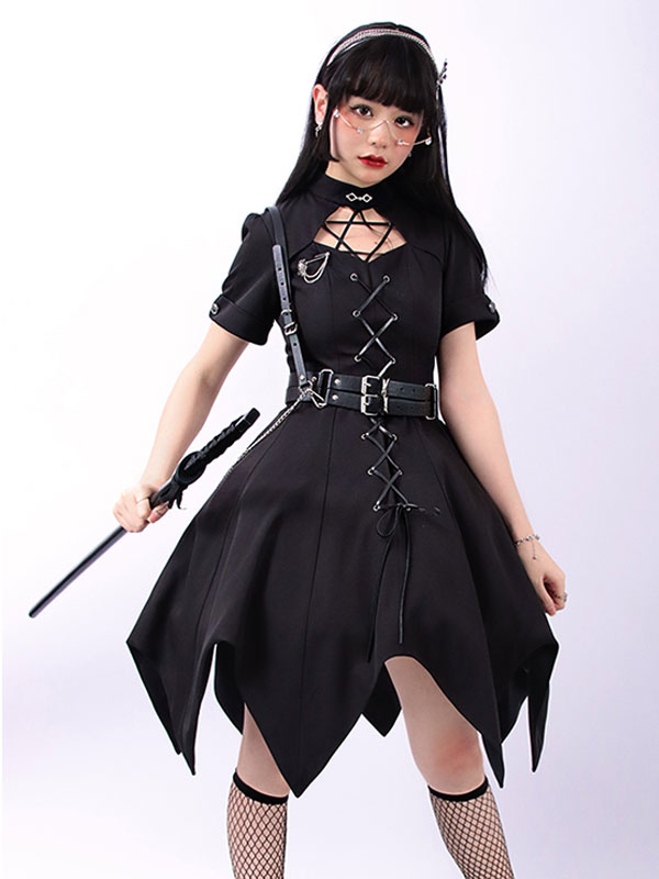 販売前ゴシックロリータオプドレス黒半袖フリルレースアップブラックロリータワンピースドレス