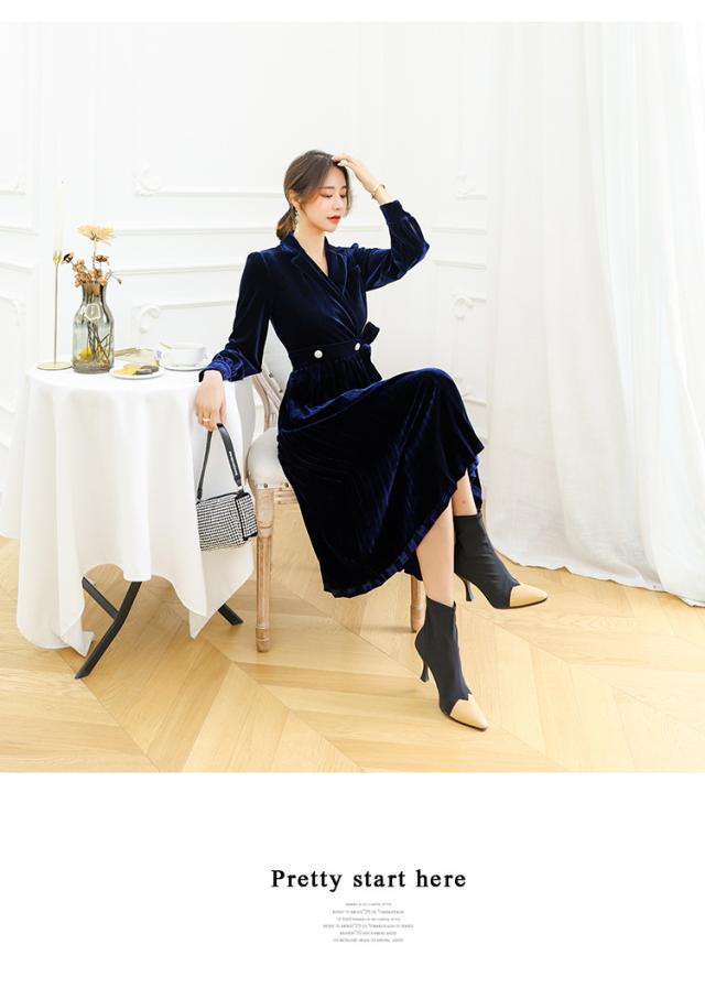 ベロアプリーツワンピース 大きいサイズ ミモレ丈 襟付きワンピース