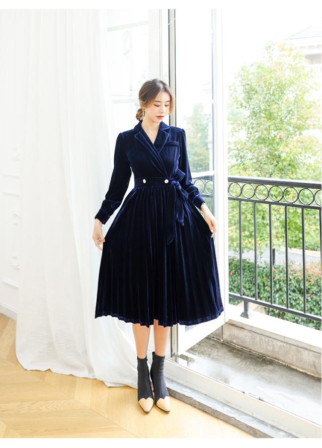 ベロアプリーツワンピース　大きいサイズ ミモレ丈　襟付きワンピース　上品　L-6L　1164 ベロアプリーツワンピース 大きいサイズ ミモレ丈 襟付きワンピース