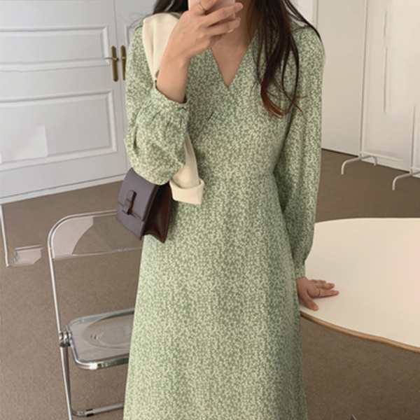 春夏新作 韓国風レディース服 長袖花柄ワンピース ロング丈