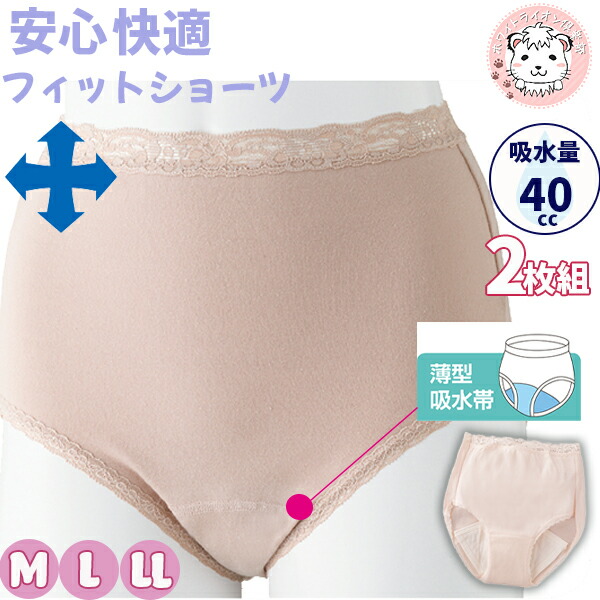 安心快適 フィットショーツ 2枚組 抗菌 防臭 消臭 吸水量40cc M/L/LL | 婦人用 失禁ショーツ 吸水ショーツ 快適 安心 ショーツ 失禁パンツ 介護用 入院 病院