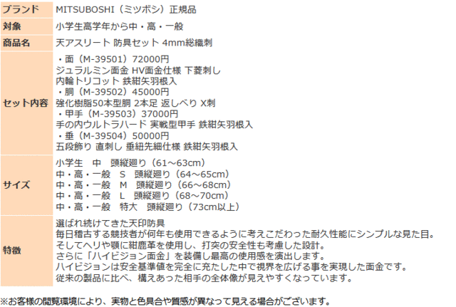 剣道 ミツボシ 天アスリート M-39500 防具セット 面 胴 甲手 垂 4mm