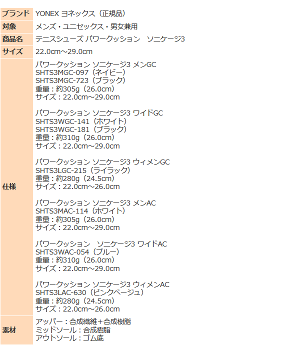 ヨネックス テニスシューズ パワークッション ソニケージ3 メンズ