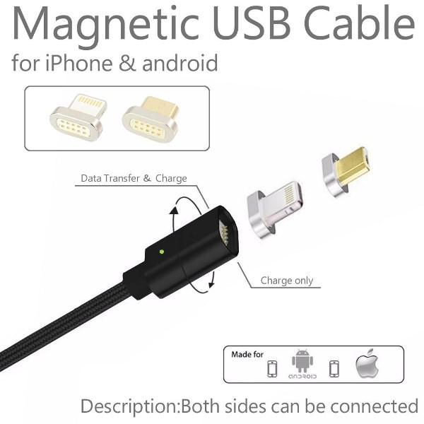 マグネット式 USBケーブル 20cm 充電/データ通信用 iPhone(Lightning)/Android(Micro USB)対応 ブラック  【スマートフォン アイフォン アンドロイド スマホ タブレット 端末に！】