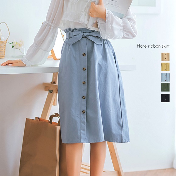 スカート レディース フレアスカート 膝丈スカート 前ボタンスカート