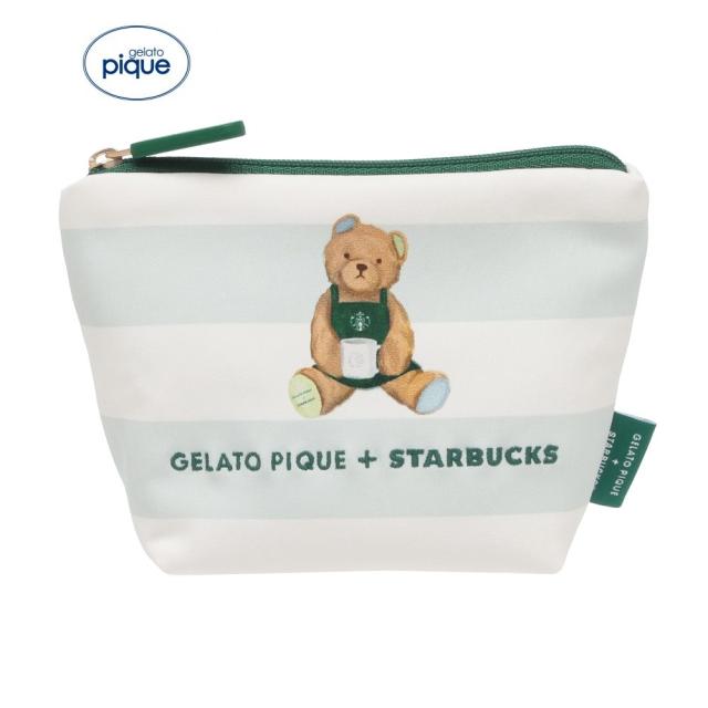 【新品】１週間以内発送 　gelato pique STARBUCKS　ベアプリントボーダーポーチ ミントグリーン　コラボレーション ジェラートピケ スターバックス