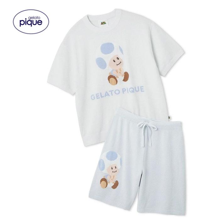 【新品】【即納】BLU キノピオ【Mサイズ】gelato pique ジェラート ピケ スーパーマリオ メンズ キノピオ＆ヨッシージャガードプルオーバーハーフパンツセット