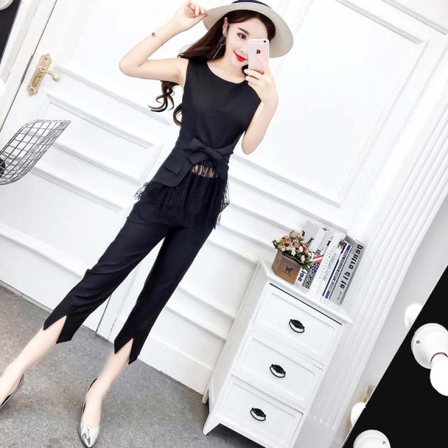 パンツスーツ 黒 紫 S-XL パンツドレス レディース セットアップ 2504886 レース 切替 クロップド リボン ノースリーブ 結婚式 二次会の通販は