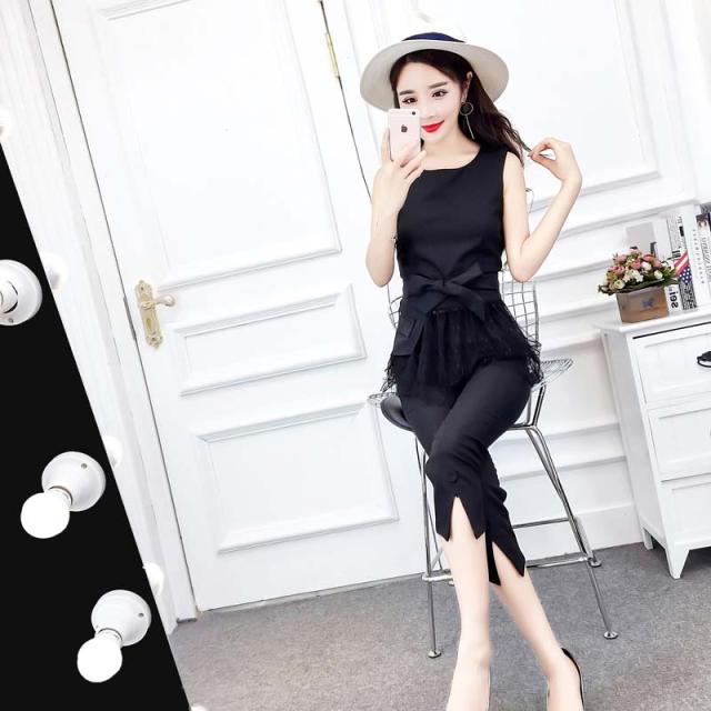 パンツスーツ 黒 紫 S-XL パンツドレス レディース セットアップ 2504886 レース 切替 クロップド リボン ノースリーブ 結婚式 二次会の通販は