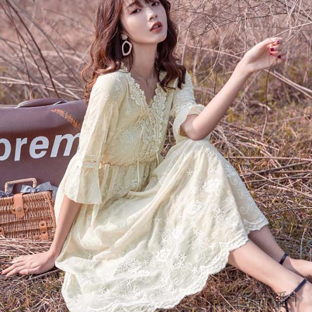 ワンピース S即納 M予約 刺繍 レース 花柄 編み上げ Sweet系 ロングスリップ付 五分袖 森ガール シンプル ナチュラル 姫袖 フの通販はau Pay マーケット アニバーサリースタイル