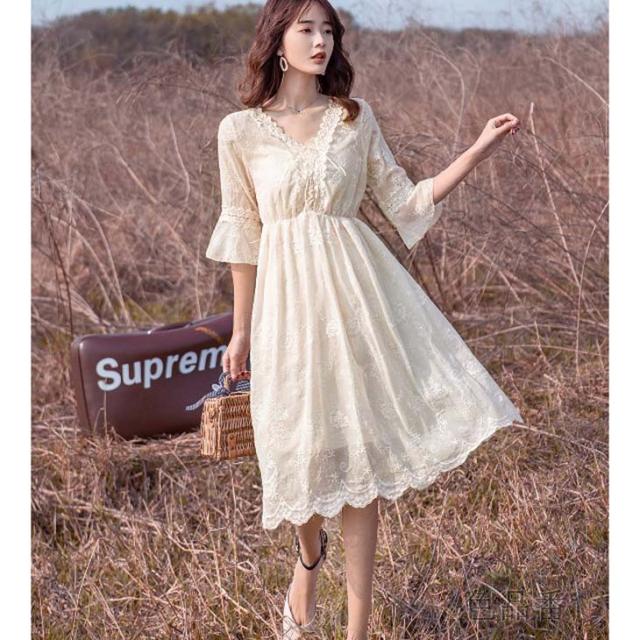ワンピース S即納 M予約 刺繍 レース 花柄 編み上げ Sweet系 ロングスリップ付 五分袖 森ガール シンプル ナチュラル 姫袖 フの通販はau Pay マーケット アニバーサリースタイル