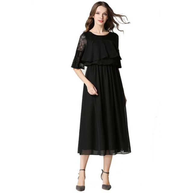 結婚式 パーティードレス S-2L 3色 予約 袖あり 半袖 五分袖 3色 ゆったり 二次会 上品感 フリル レース 切替 シフォン ドレス ワンピース 黒 ネイビー ブルー PLD-60056 フォーマルドレス 30代 40代 50代 15号 19号 21号の通販は 8,930円