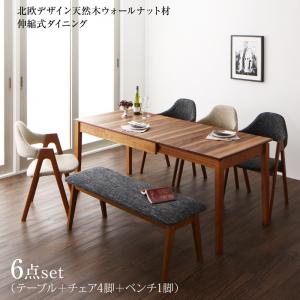 ダイニングテーブルセット 6人用 120-180cm 北欧 6点セット(テーブル+チェア4脚+ベンチ) 組立付きの通販は