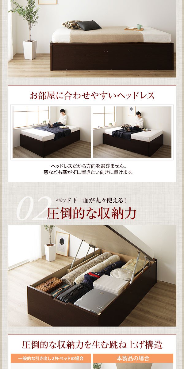 跳ね上げ式ベッド ショート丈シングル マットレス付き 日本製薄型ポケットコイル 横開き/ミドルタイプ深さ37cm ヘッドレス お客様組立の通販は