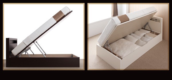 シングルベッド マットレス付き 薄型スタンダードボンネルコイル 横開き/深さレギュラー 大容量収納 跳ね上げ式ベッド