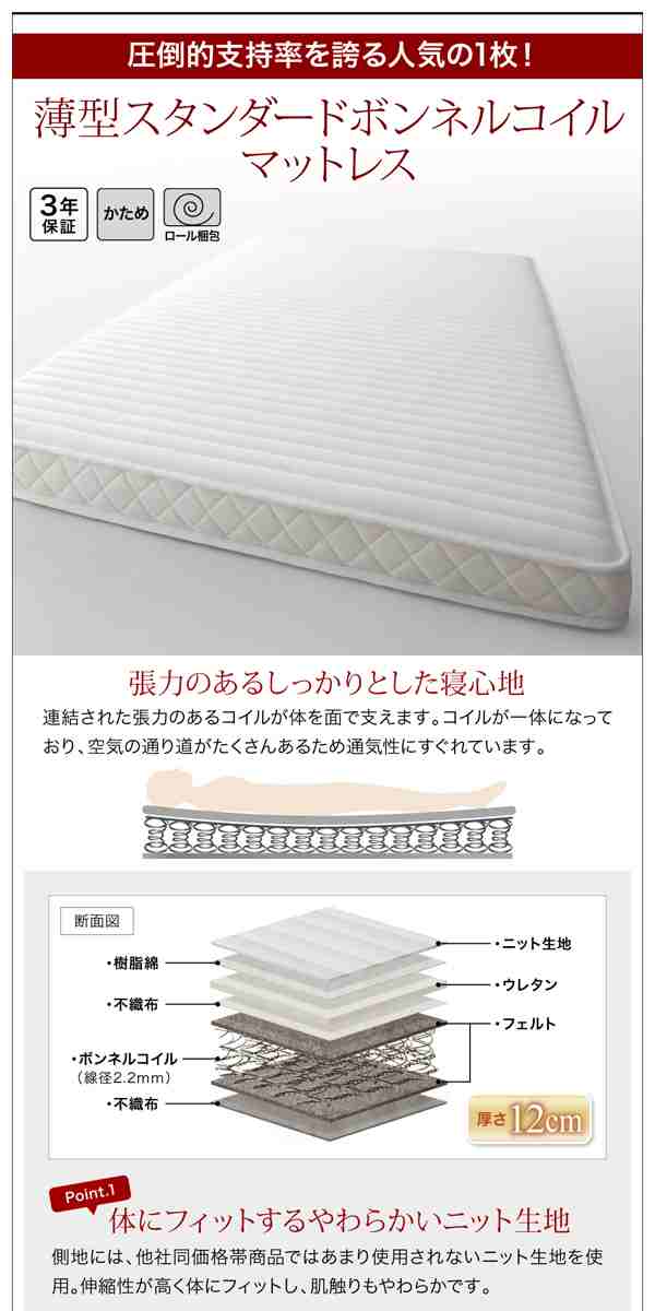 シングルベッド マットレス付き 薄型スタンダードボンネルコイル 横開き/深さレギュラー 大容量収納 跳ね上げ式ベッド