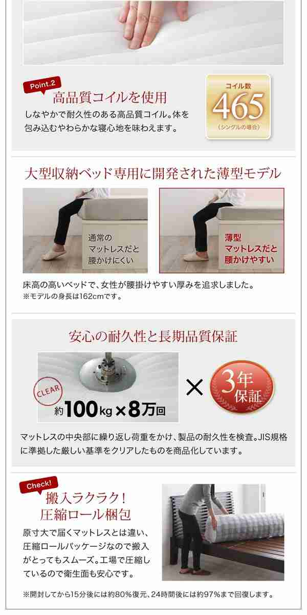組立設置付 シングルベッド マットレス付き 薄型スタンダードポケットコイル 横開き/深さレギュラー 大容量収納 跳ね上げ式ベッド