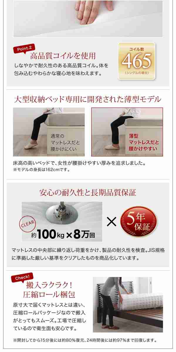 シングルベッド マットレス付き 薄型プレミアムポケットコイル 縦開き/深さレギュラー 大容量収納 跳ね上げ式ベッドの通販は