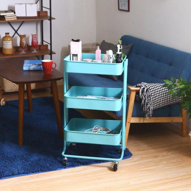 キッチンワゴン おしゃれ 3段バスケット キャスター付き 北欧 幅45×奥行32×高さ78.5cm ブルーの通販は